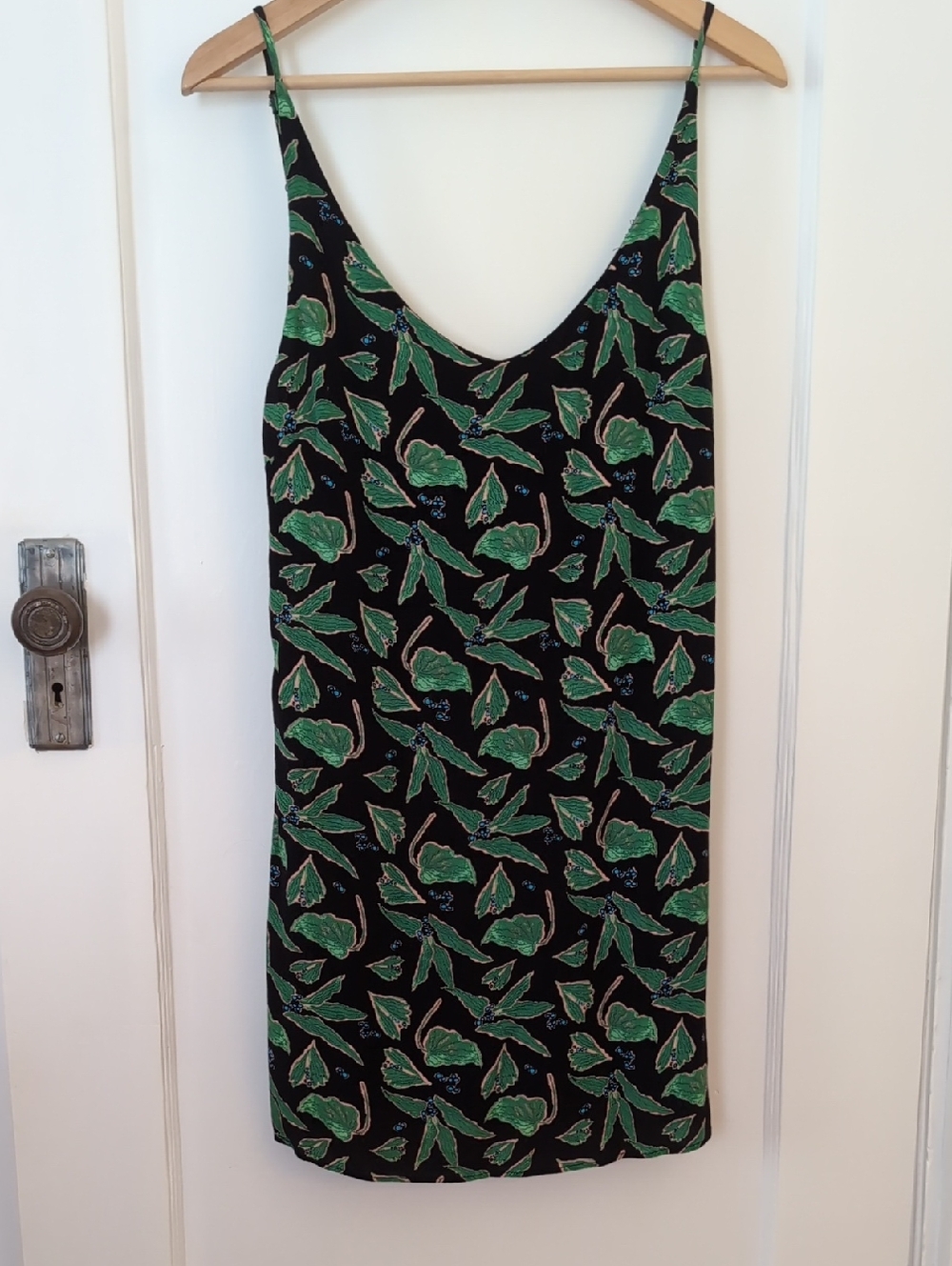 Urban Outfitters Black Slip Dress with Green Leaf Pattern